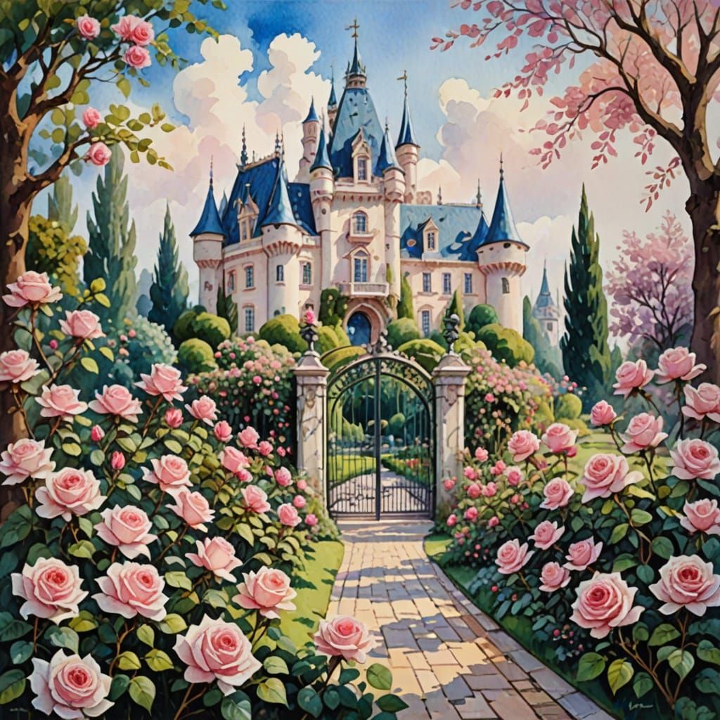 Baroque Castle in a Whimsical Garden, Watercolor Art