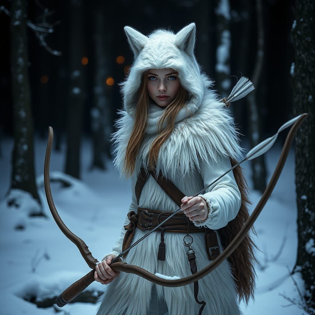 Hunter in Wolf Skin in Snowy Forest
