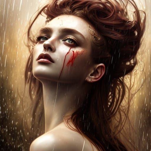 Goddess in Blood Rain: Digital Art Portrait