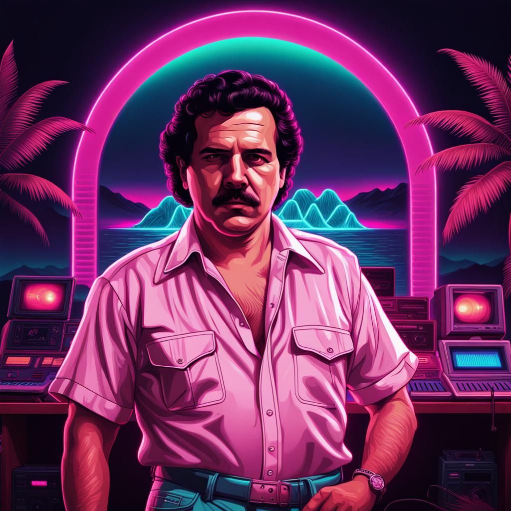 Pablo Escobar in Synthwave Neon Retro Style