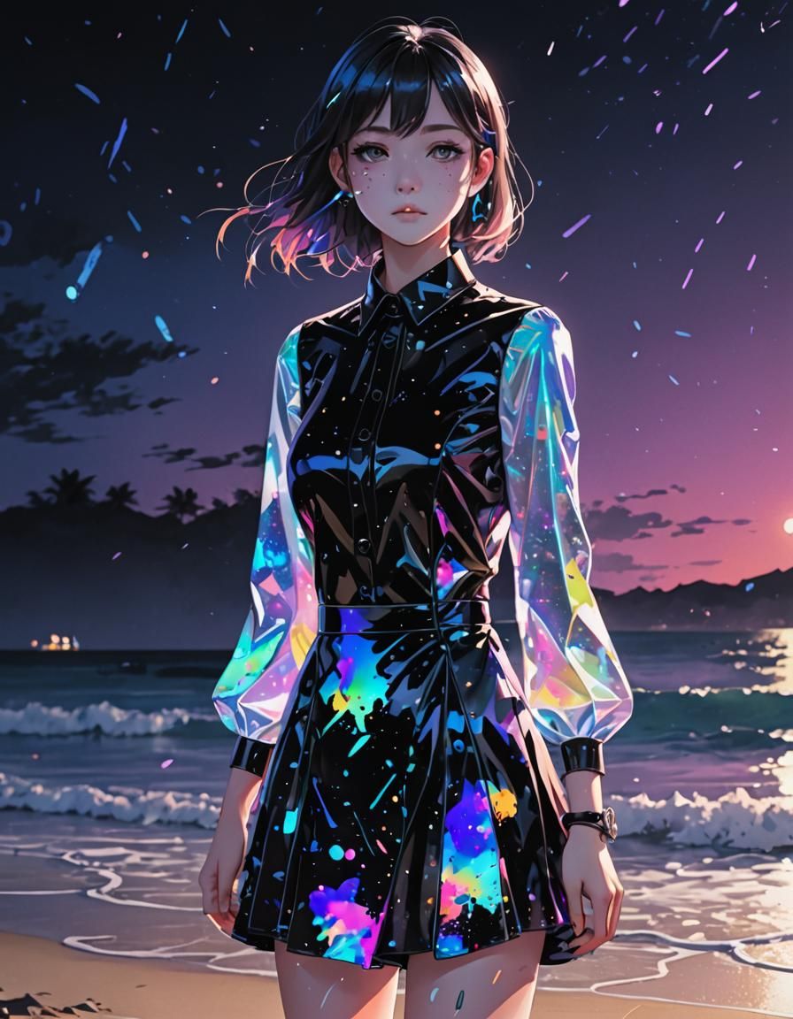 Black and White Beach Scene with Holographic Dress