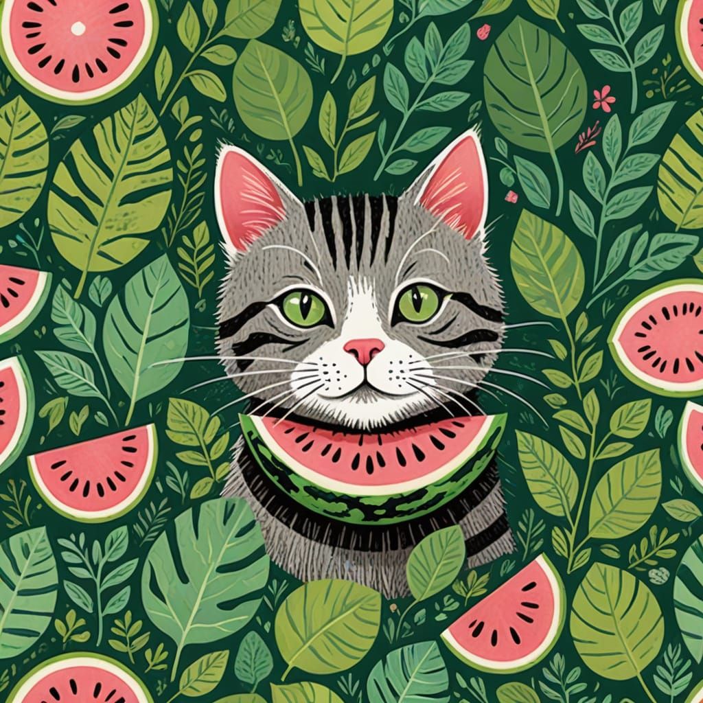 Whimsical Watermelon Cat in Vibrant Playful Illustration Sty...