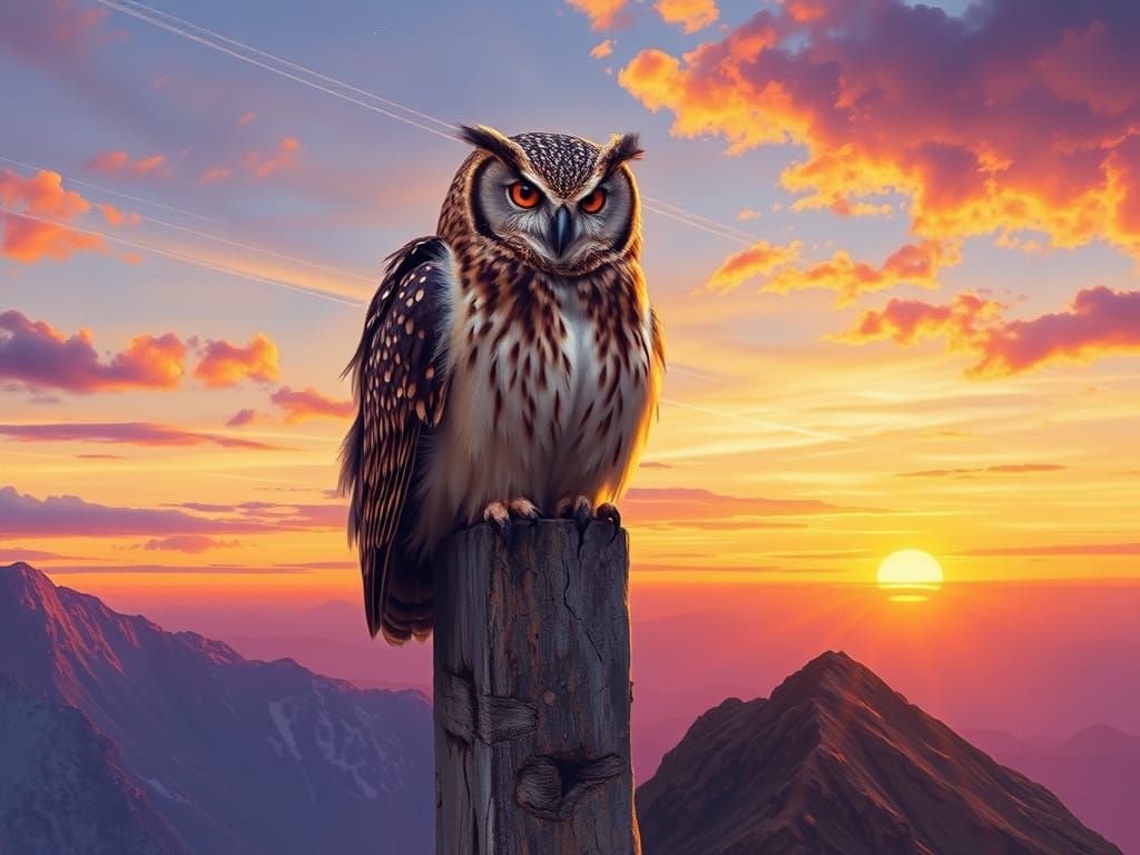 Surreal Sunrise Landscape with Wise Owl and Ancient Stone Cr...