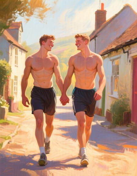 Gay Couple Holds Hands in Sunlit Village