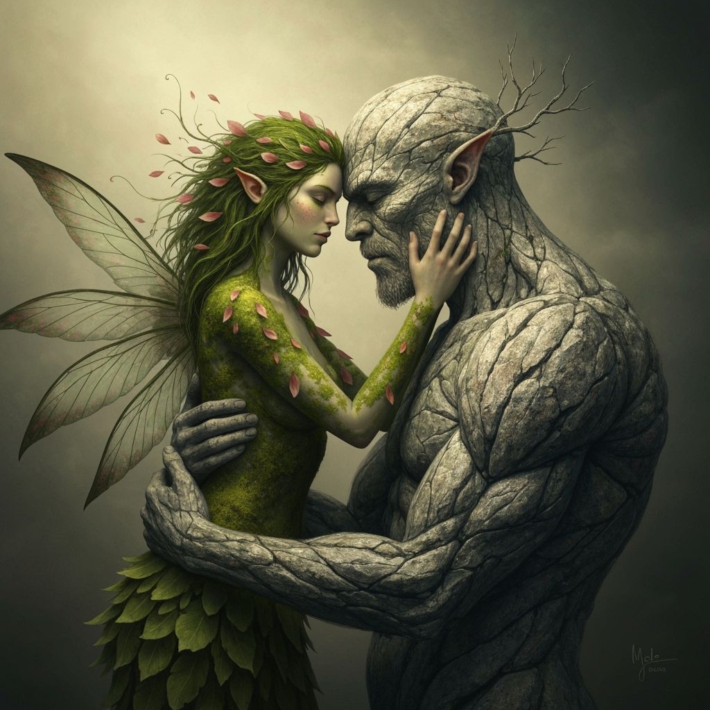 Fairy Embraces Stone Giant in Earthy Nature Scene