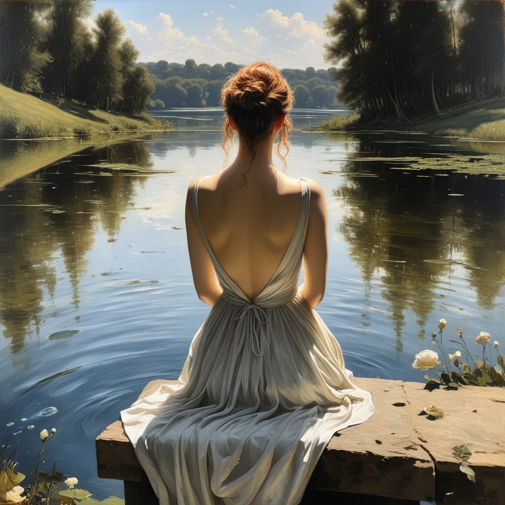 Woman in Deepcut Dress by Lake, Renaissance Style