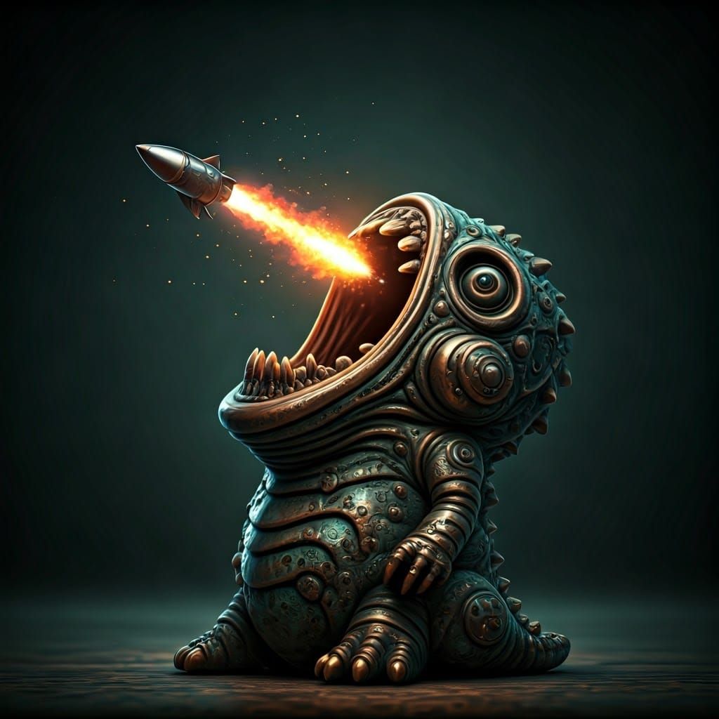 Bronze Monster Devours Retro Rocket in Biomechanical Art