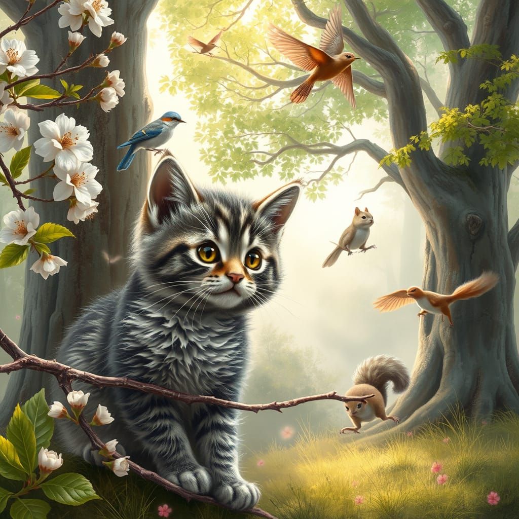 Whimsical Gray Tabby Kitten in Idyllic Spring Scene