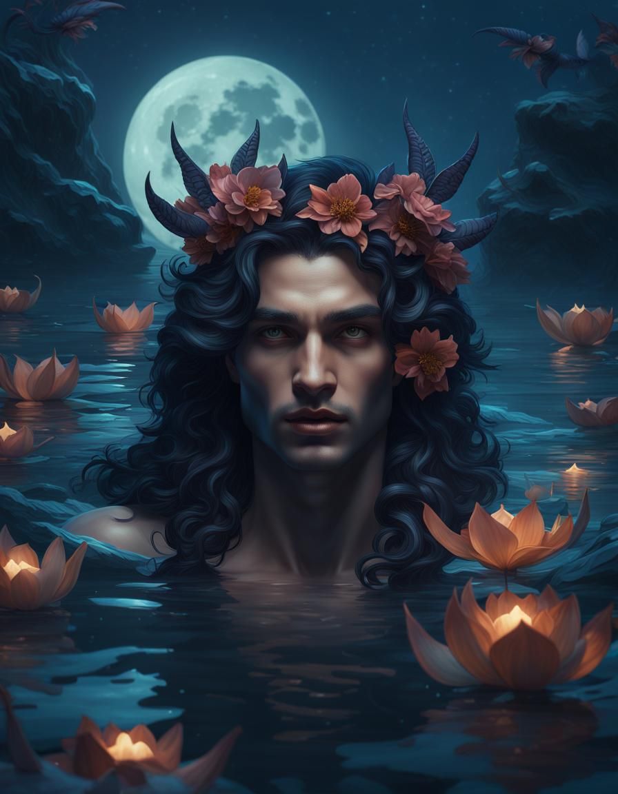 Mermen Swimming Beneath a Full Moon in Ethereal Style