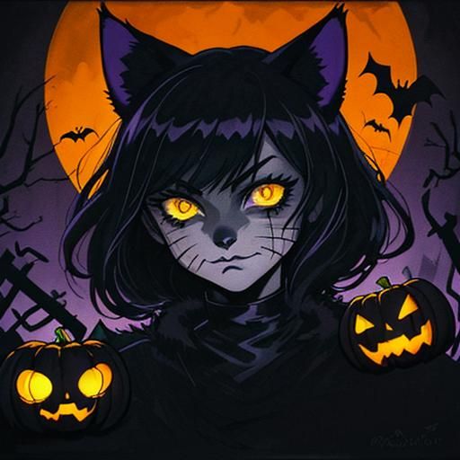 Spooky Black Cat on Halloween: A Comic Book Portrait