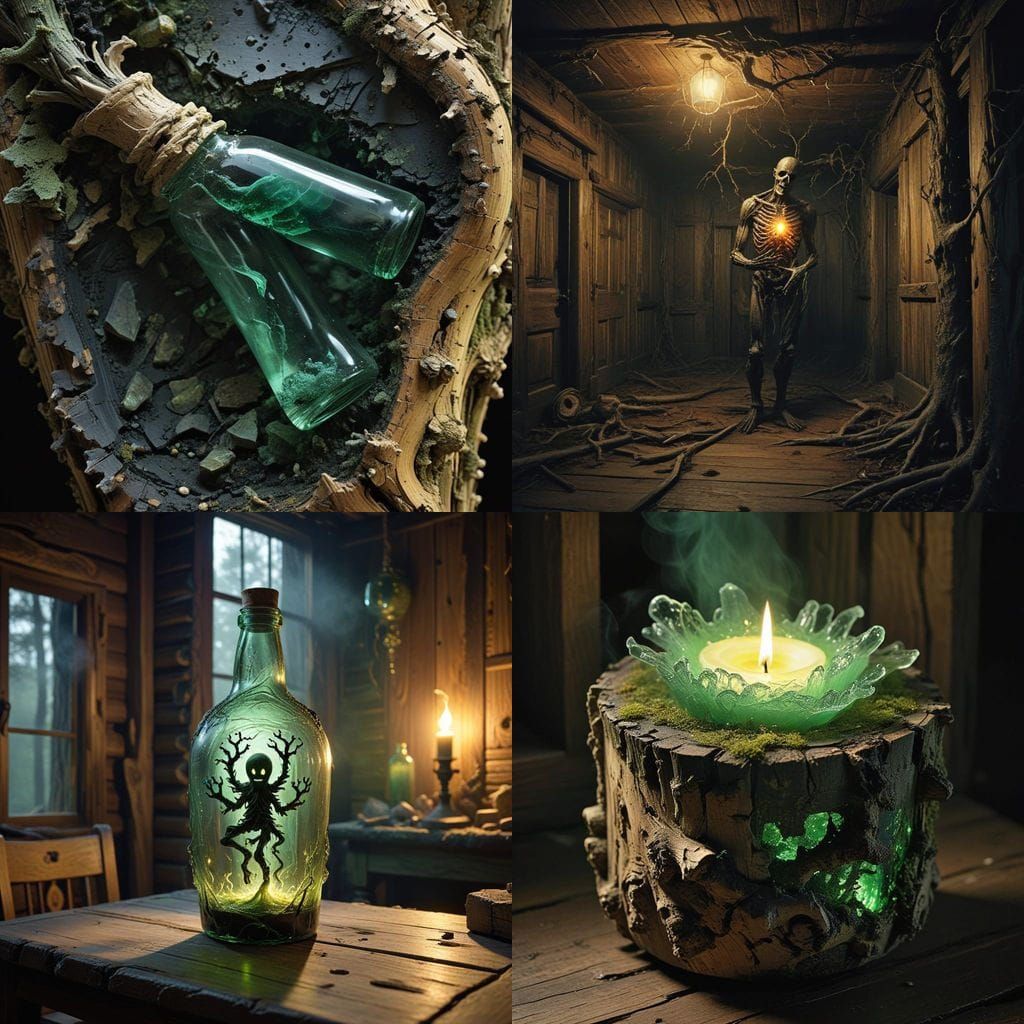 Ancient Oak Table Scene with Sinister Ghostly Figure