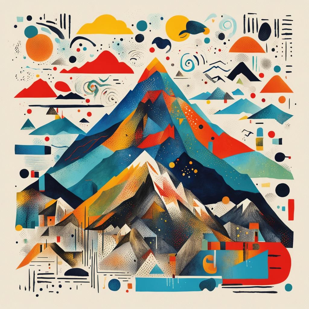 Whimsical Asemic Symbolic Mountain Art