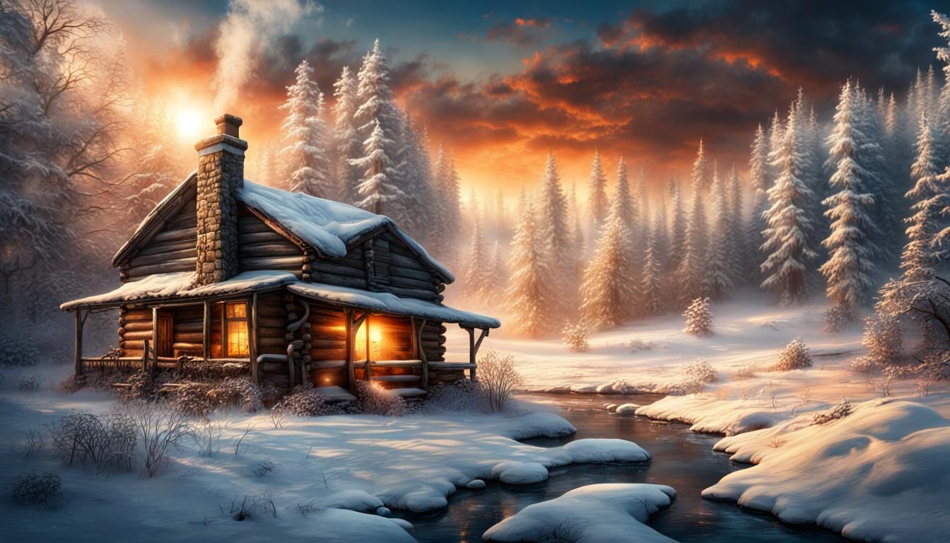 Winter Cabin Sunrise in Terry Redlin Style