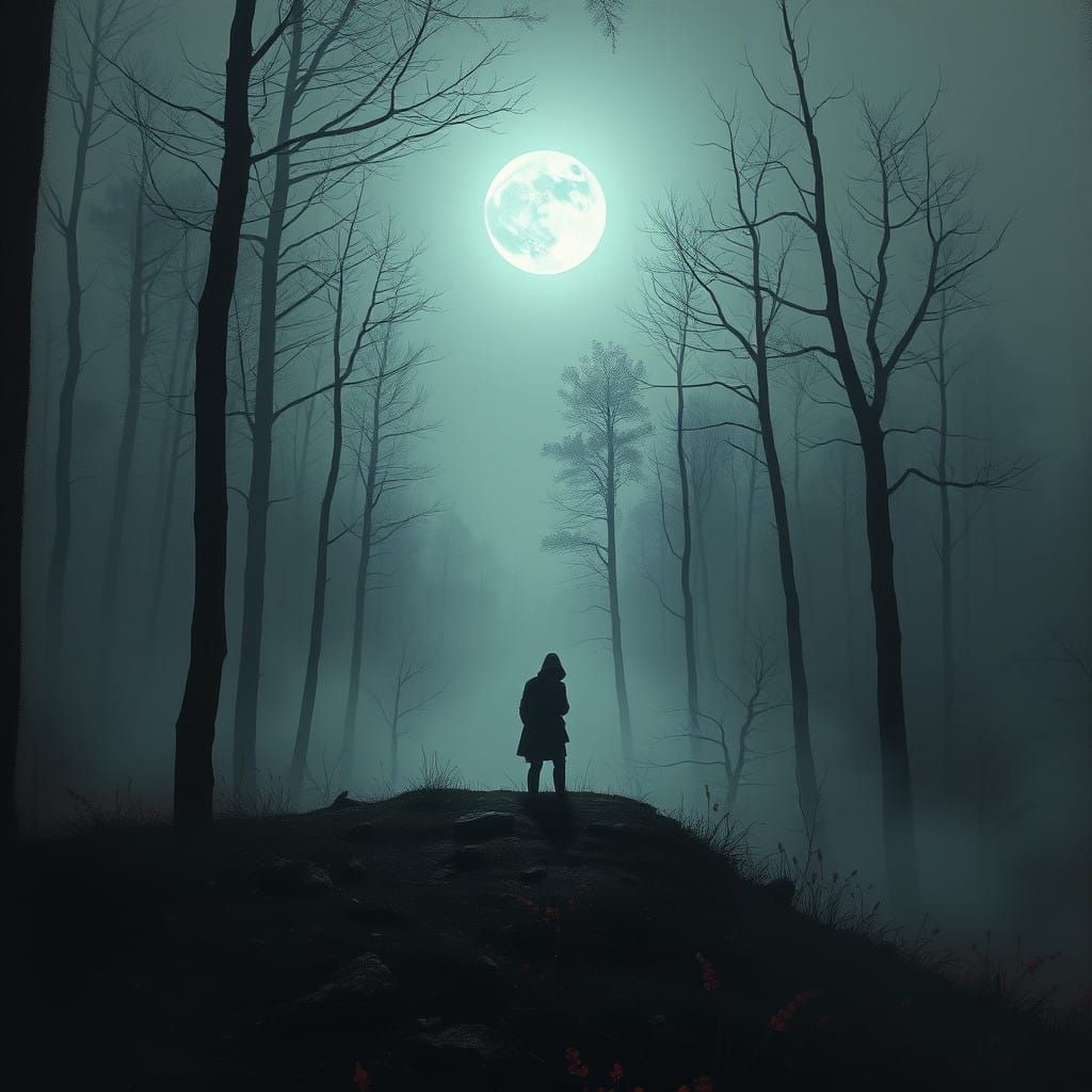 Mysterious Figure Unveils Forest Secrets in Moonlit Shadows