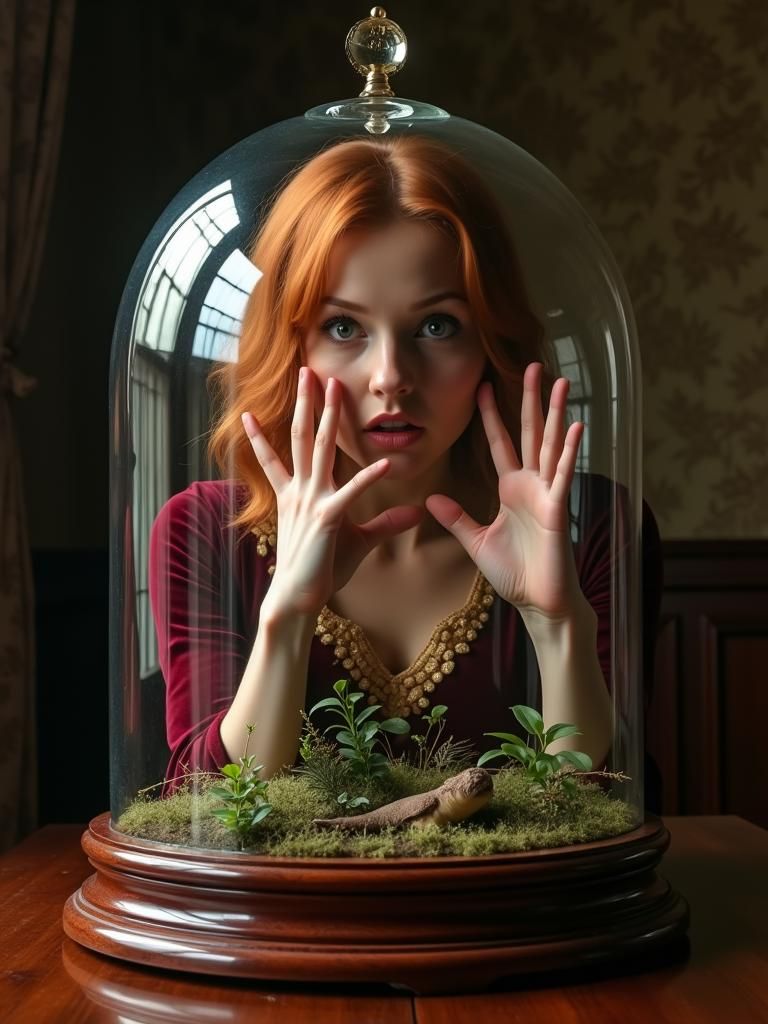 Woman Trapped in Glass Terrarium: Surreal Realism