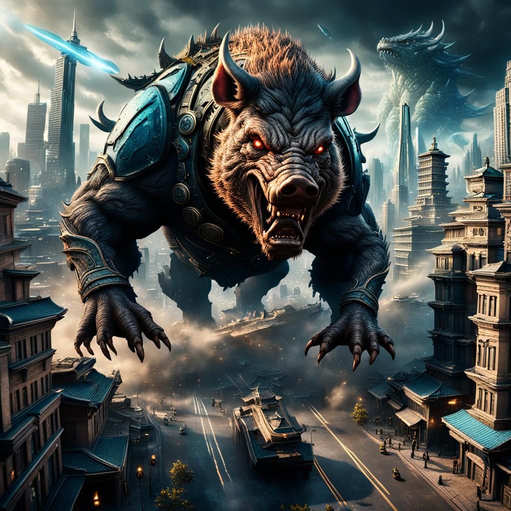 Extraterrestrial Kaiju Boar Attacks City: Detailed Matte Pai...