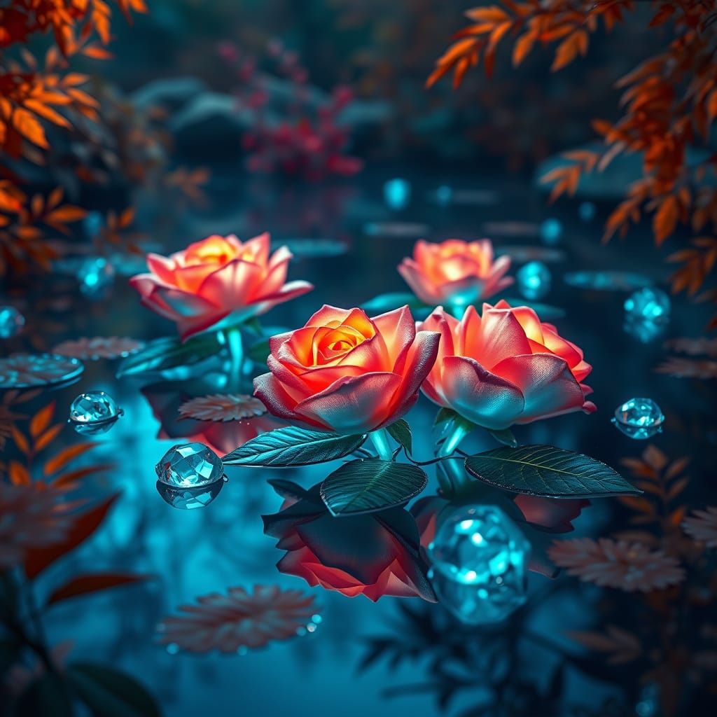 Crystal Roses Reflecting Autumn Foliage in Hyperdetailed Lig...