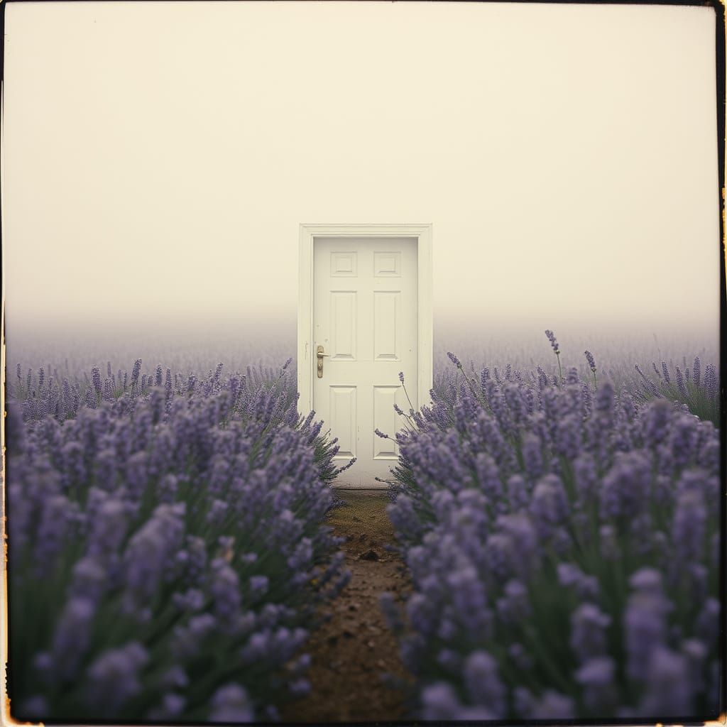 Lonely Door in Lavender Field, Vintage Polaroid