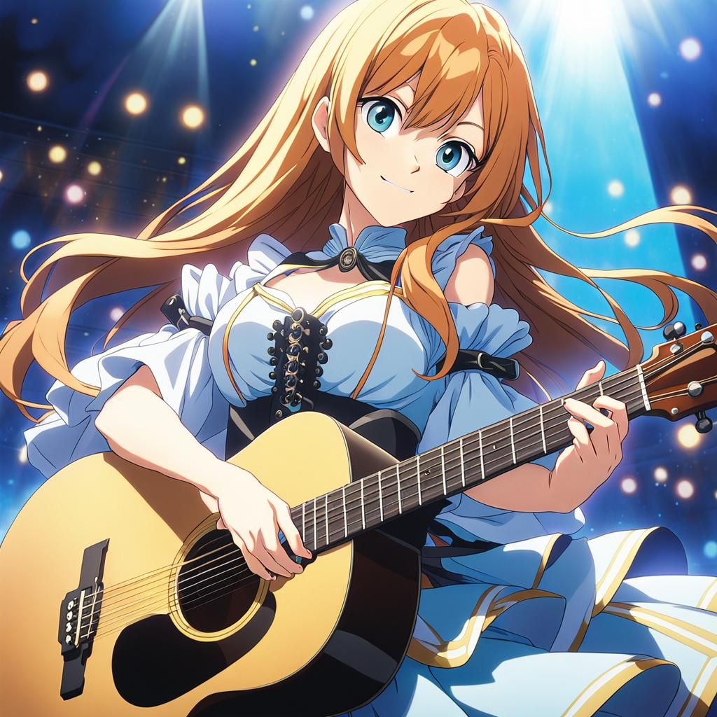 Anime Foxgirl in Rococo Gown Playing Guitar