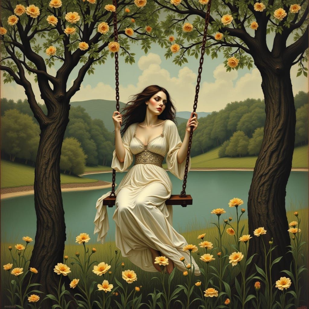 Ethereal Woman in Bloom Swings Amidst Vibrant Nature