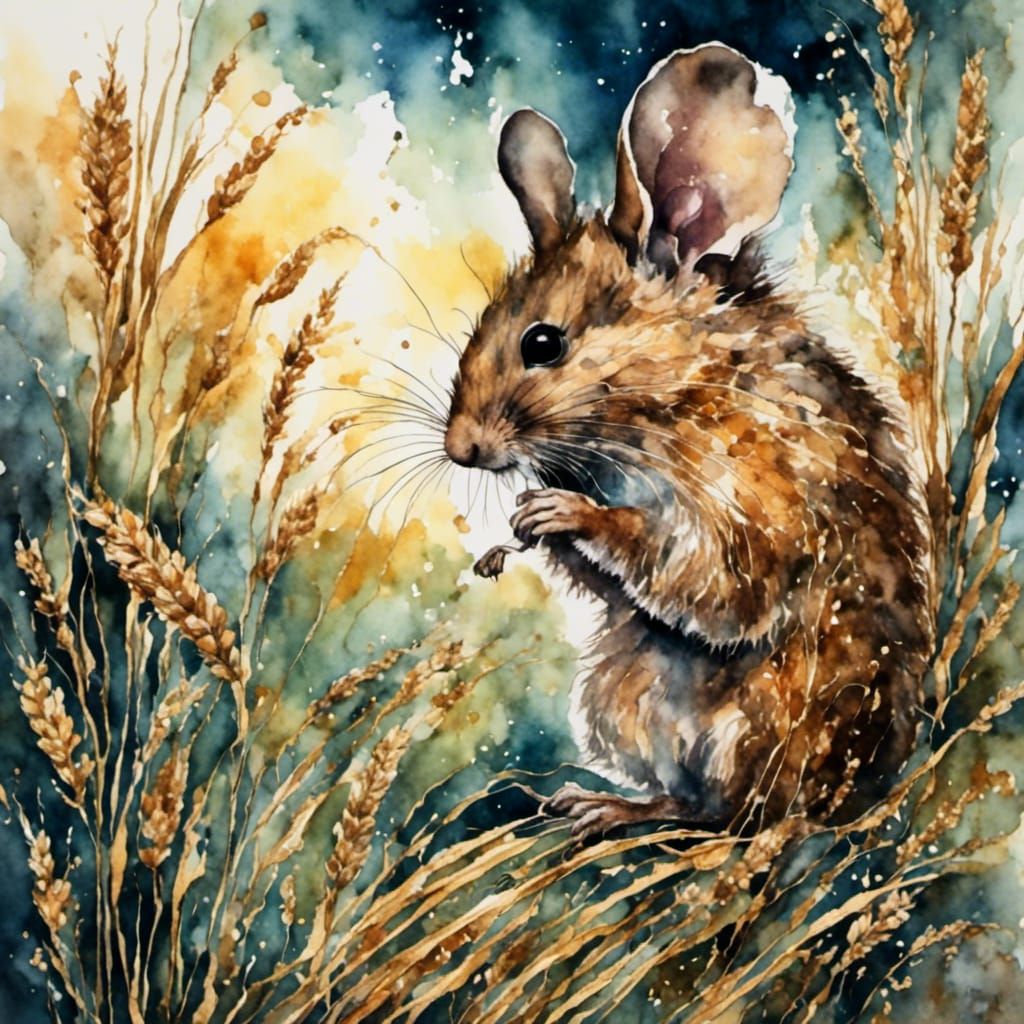 Harvest Mouse Eating Wheat in Alcohol Ink and Watercolor