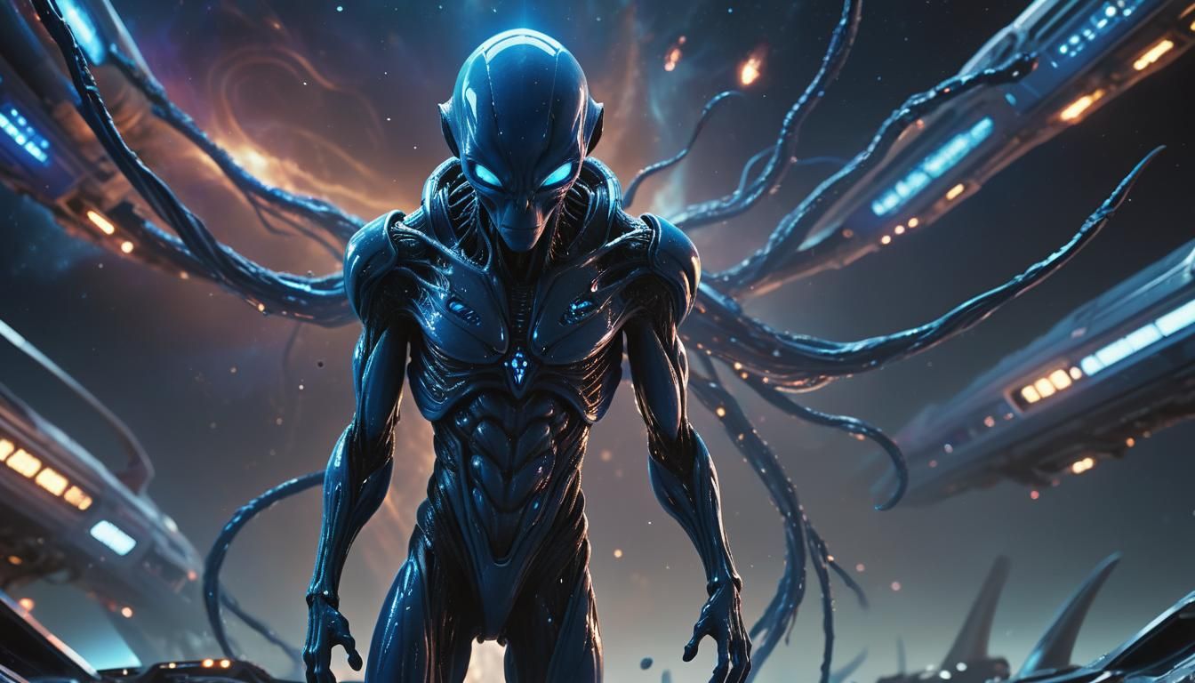 Blue Energy Alien Over Spacecraft: Sci-Fi Digital Art