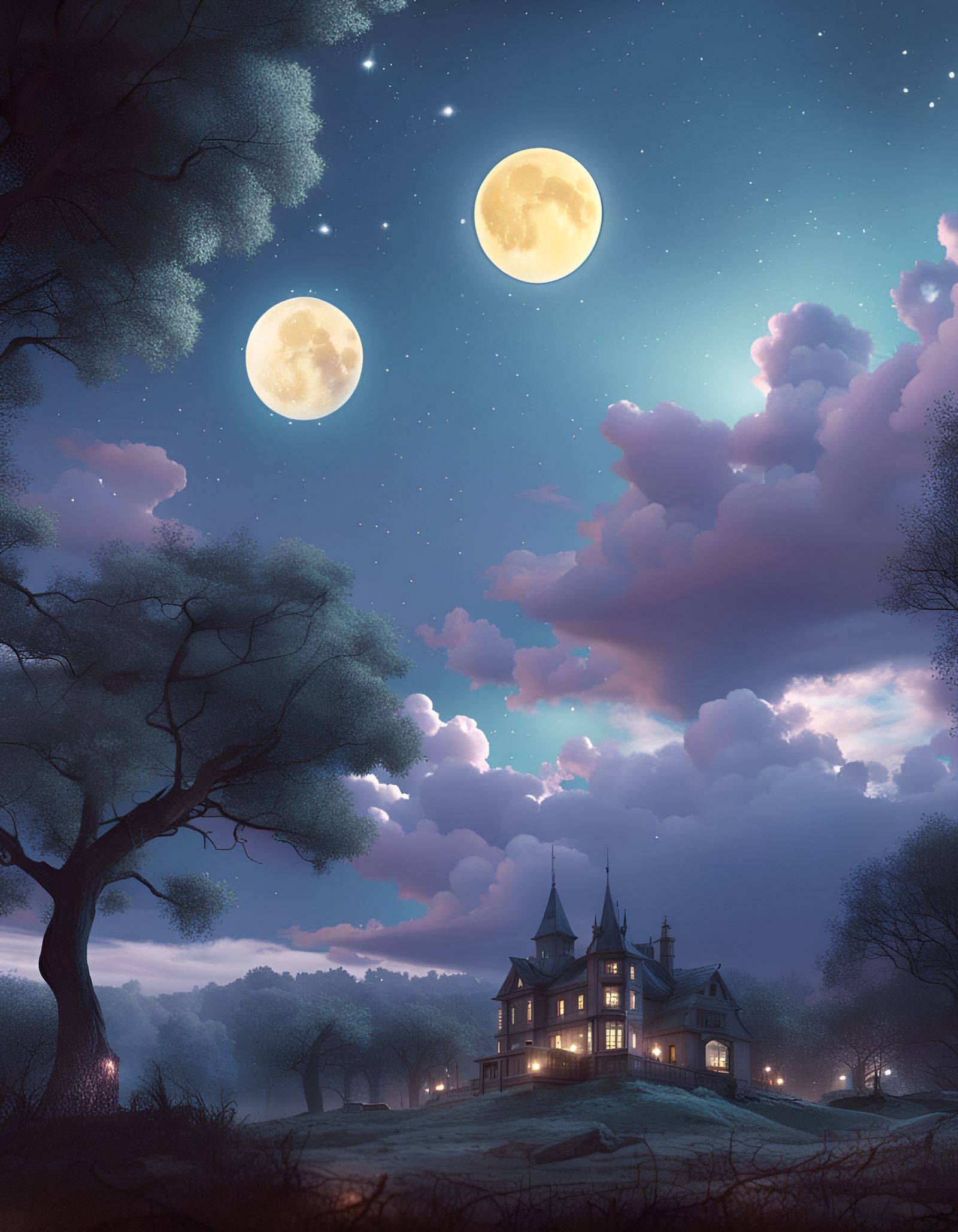 Moonlit countryside, Victorian mansion