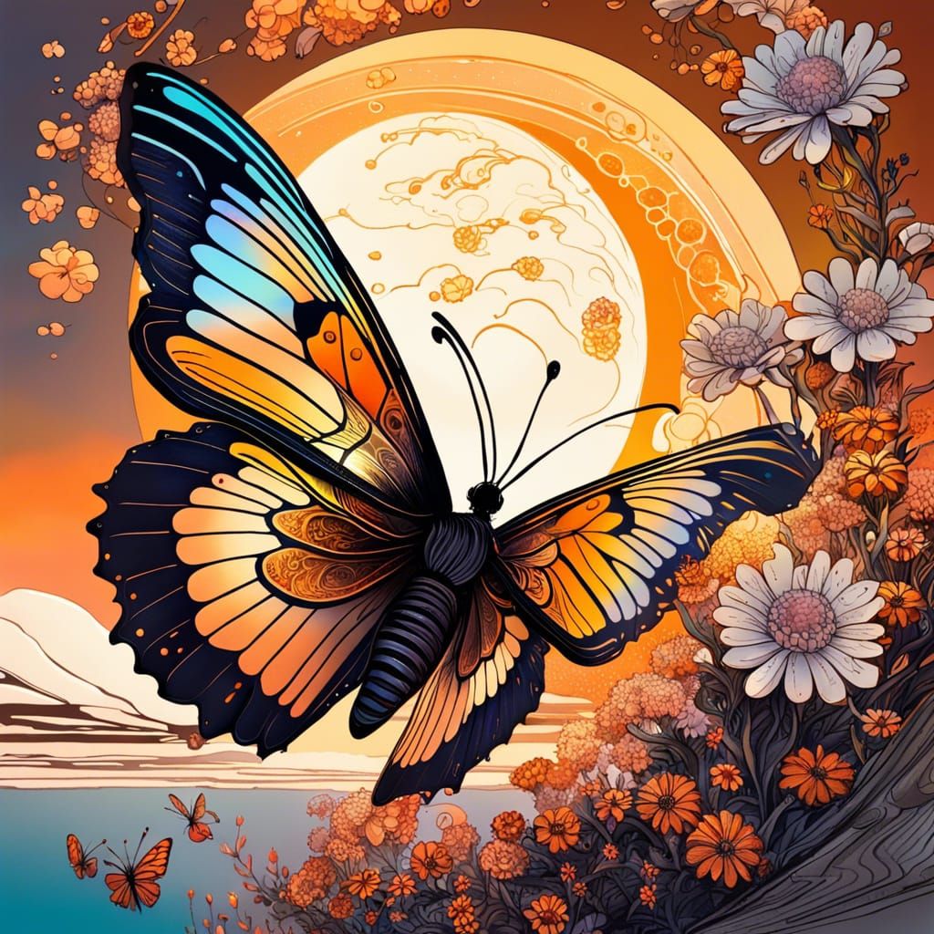 Butterfly on Crescent of Flowers: Splash Art