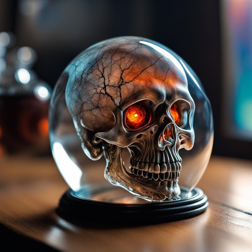 Ghost in Glass Skull: Hyperrealistic Miniature Art