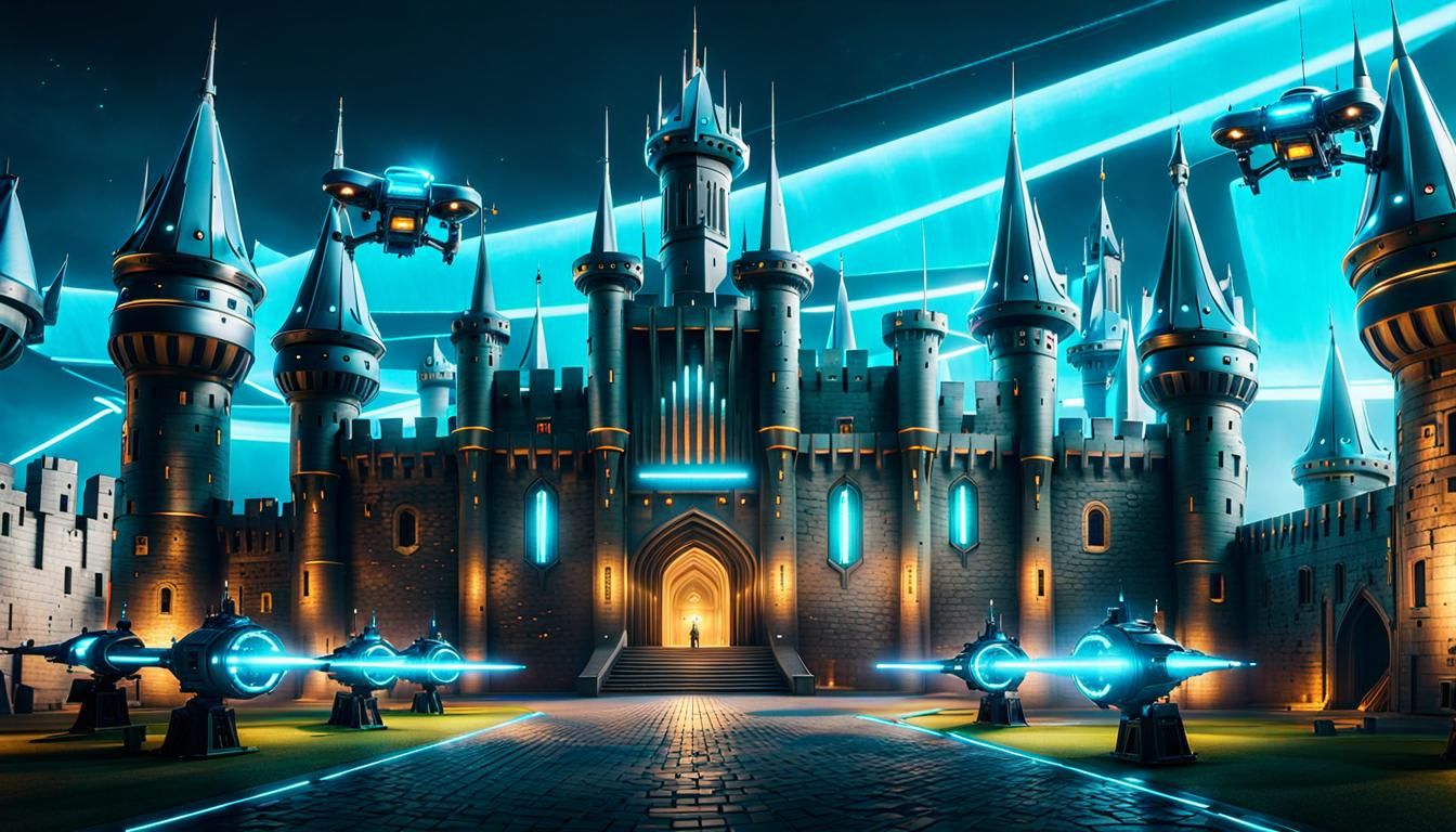 Futuristic medieval castle guarded by drones