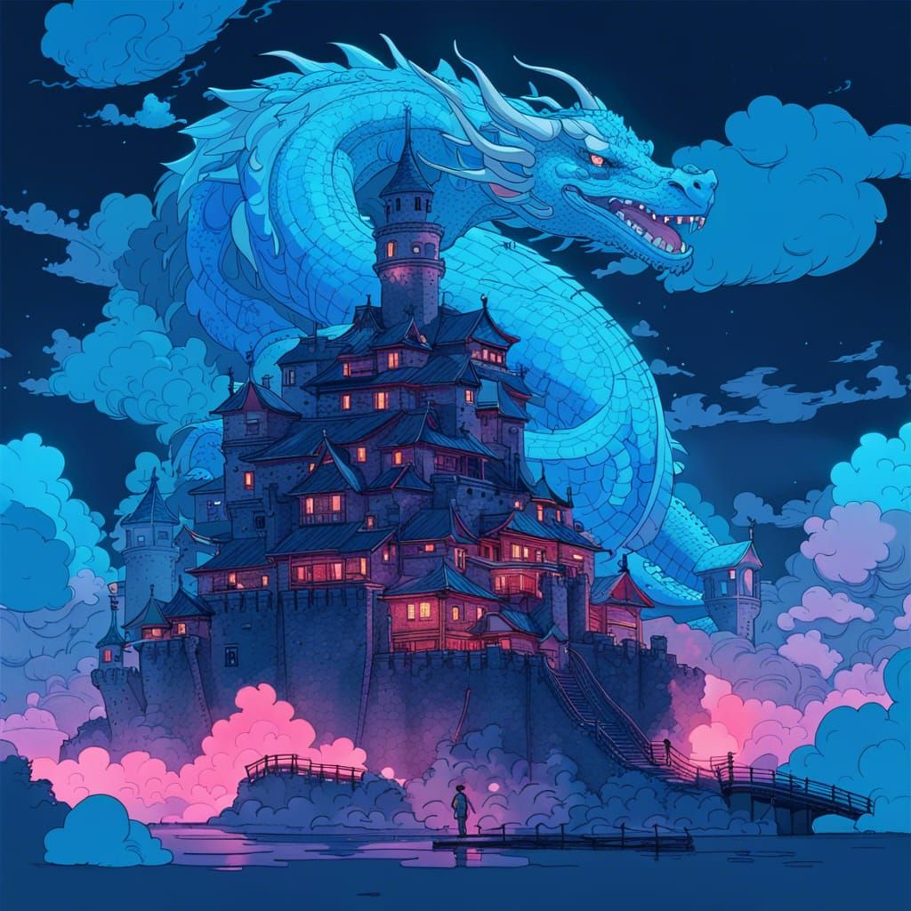 Neon Dragon Castle in Surreal Style