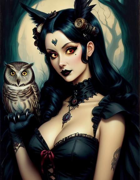Owl Girl Pinup in Rococo Goth Anime Style