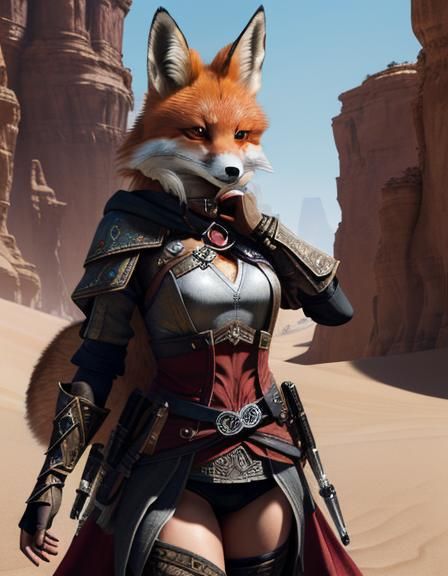 Anthropomorphic Fox Assassin in Desert City