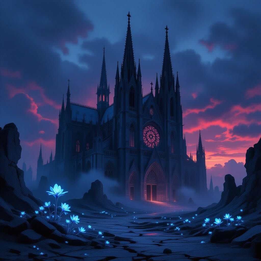 An immense, gothic cathedral, partially swallowed by a desol...