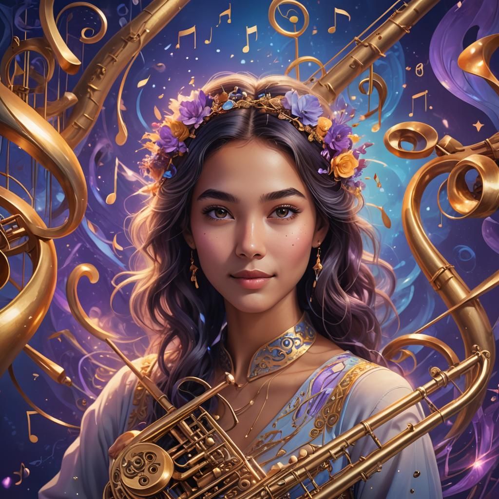 Girl Surrounded by Musical Instruments in Dreamy Digital Art