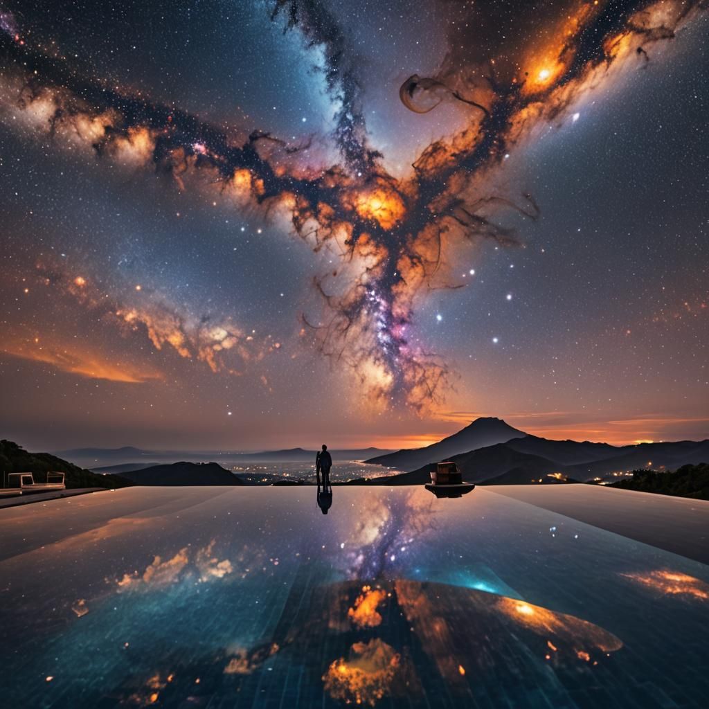 Cosmic Infinity Pool Overlooking Swirling Galaxies