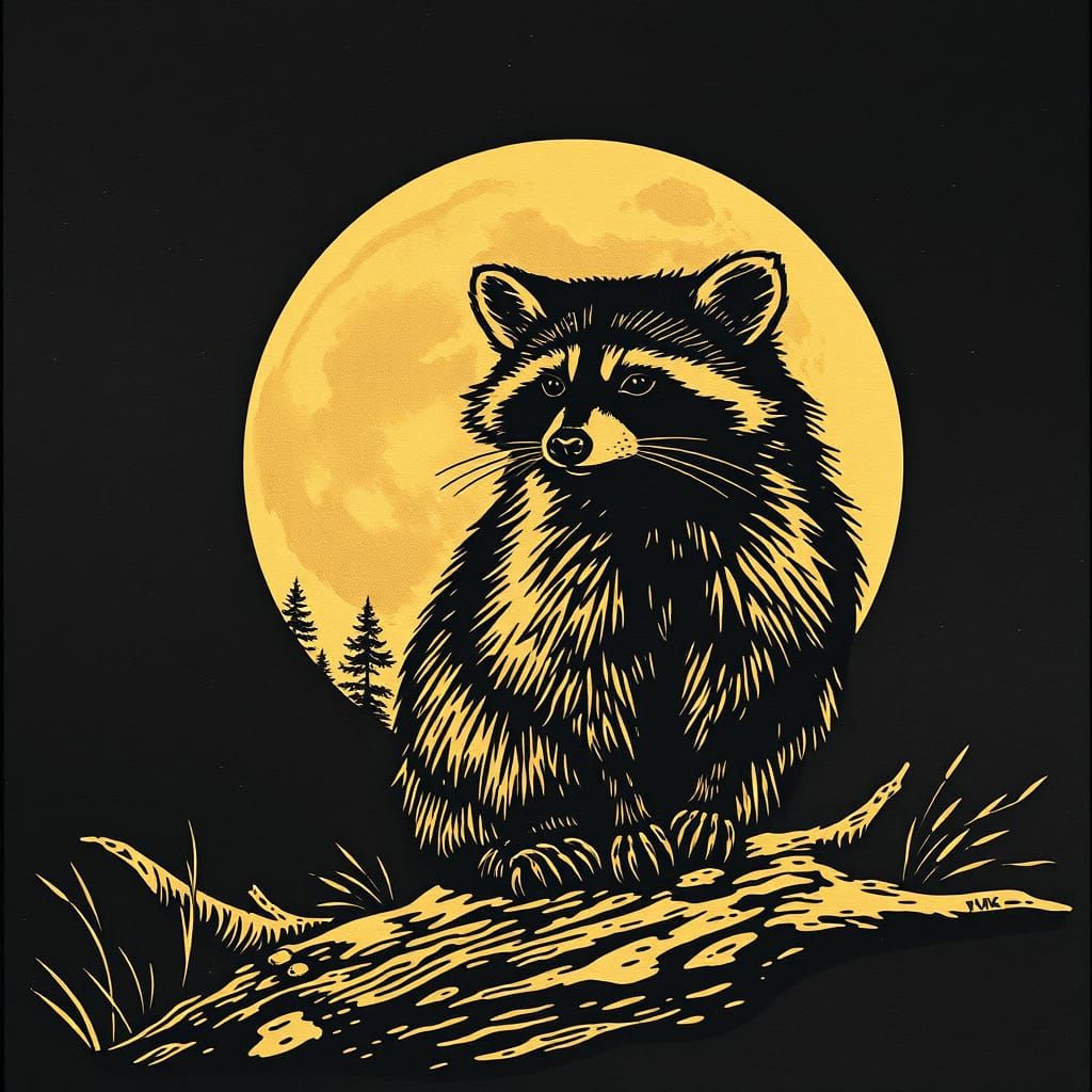 Mystical Woodcut of Full Moonlit Raccoon