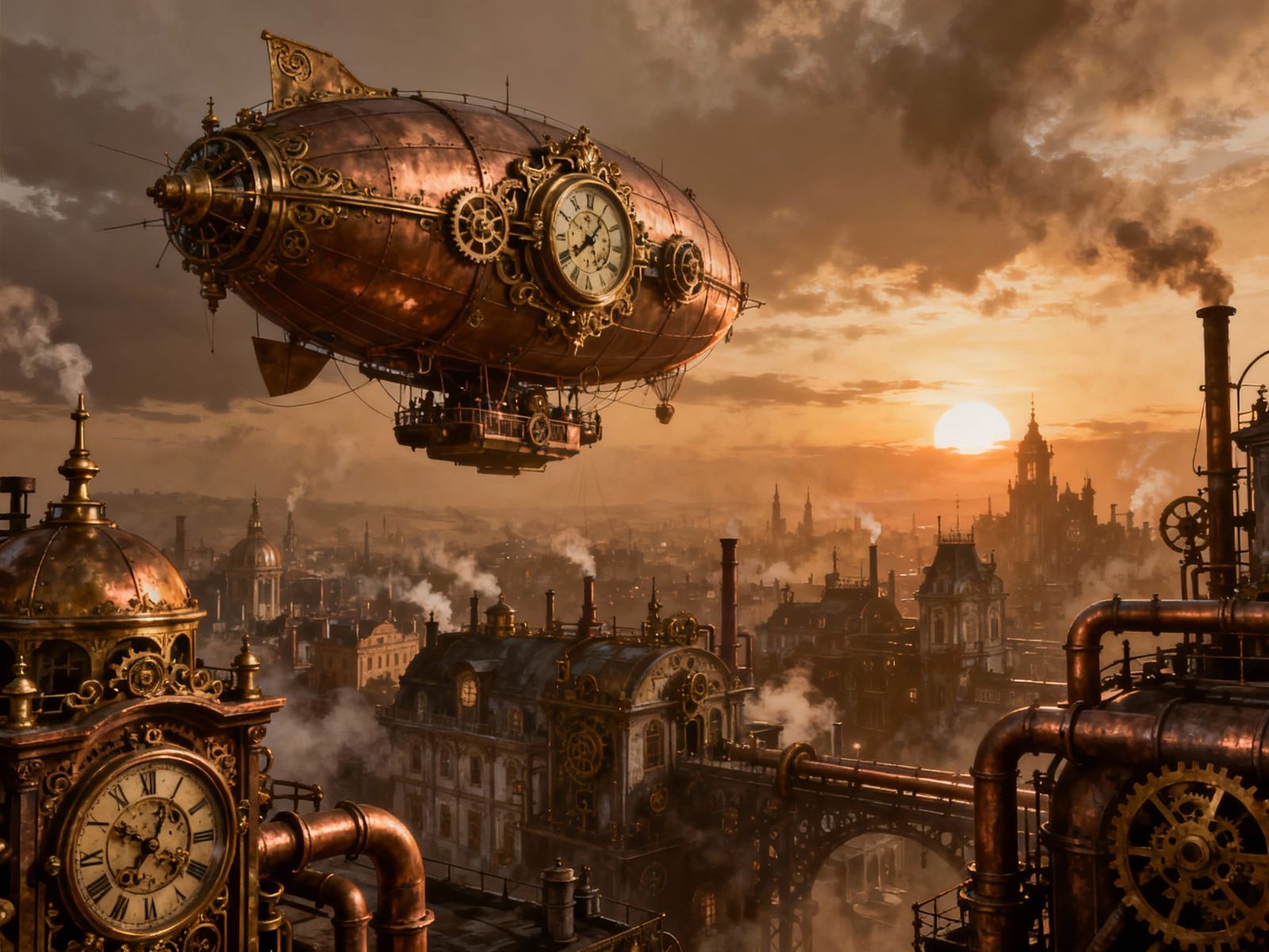 Steampunk Airship Soars Over Victorian City at Sunset
