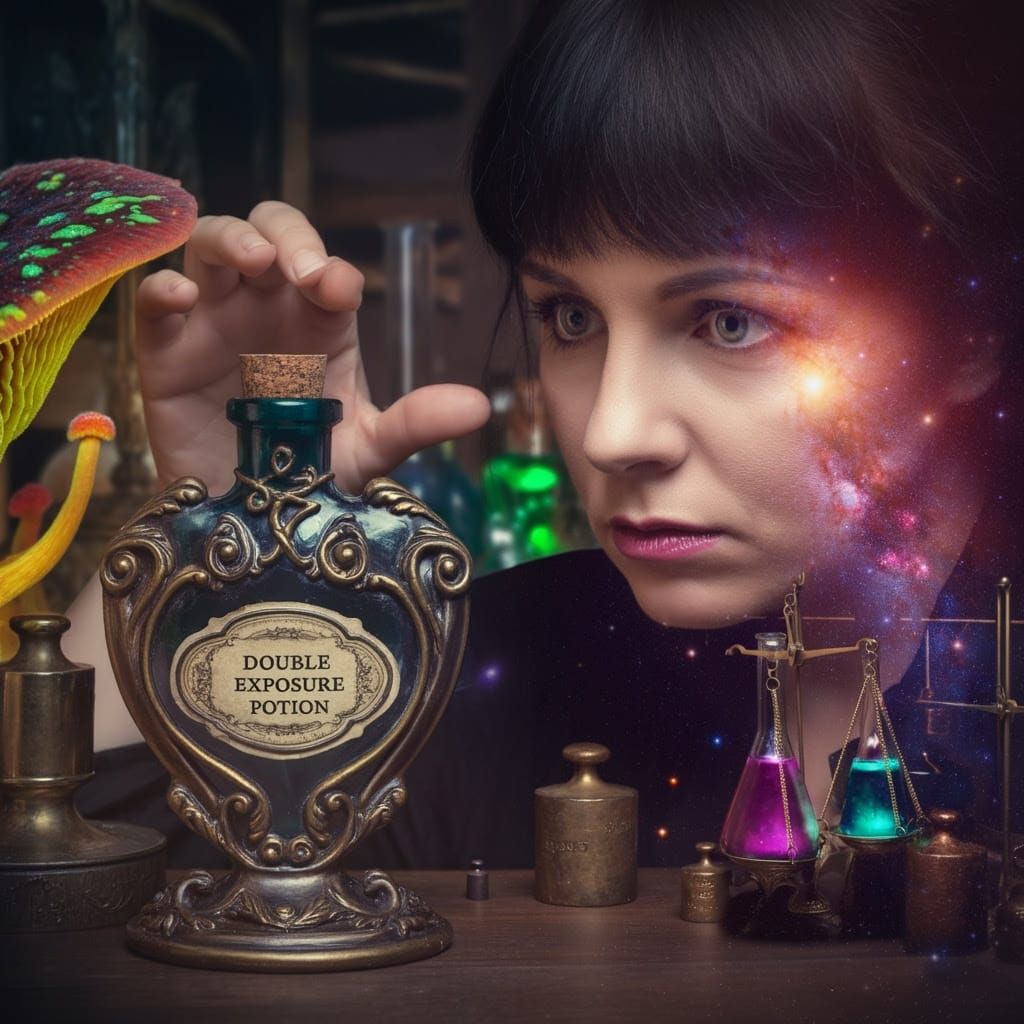 Mystical Alchemist Contemplates Cosmic Double Exposure