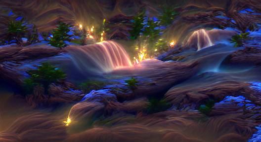 Glowing Waterfall in Fantasy Forest, 8K Resolution