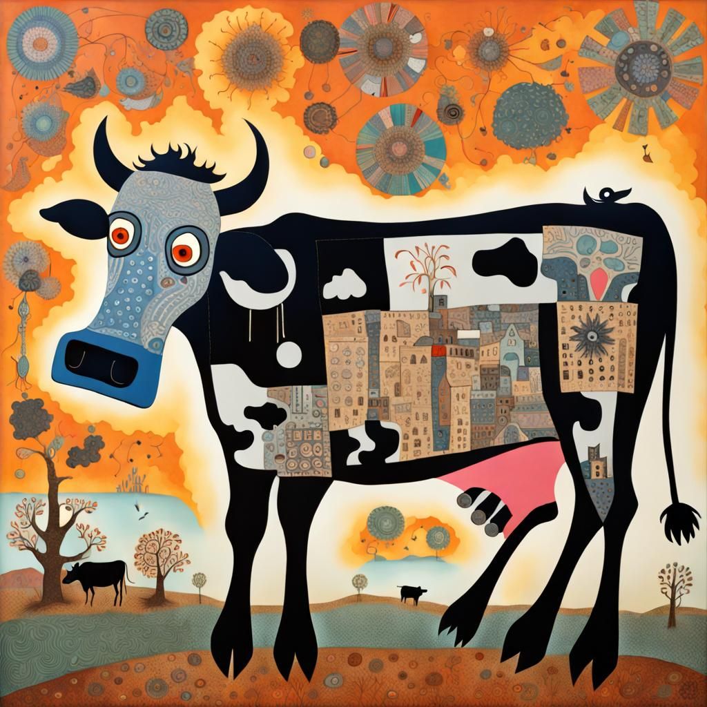 Whimsical Cow Panic Attack: Folk Art Surrealism