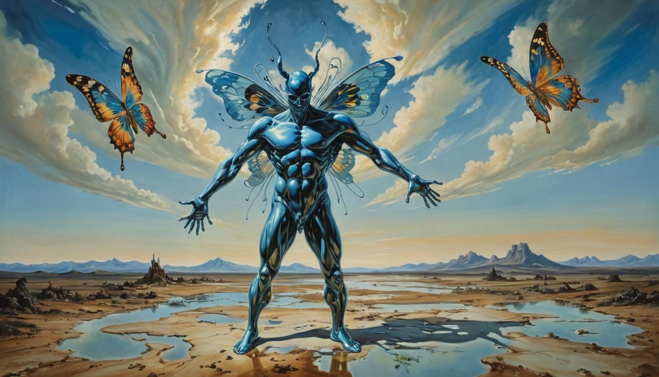 Surreal Landscape with Bioluminescent Butterfly, Vivid Color...