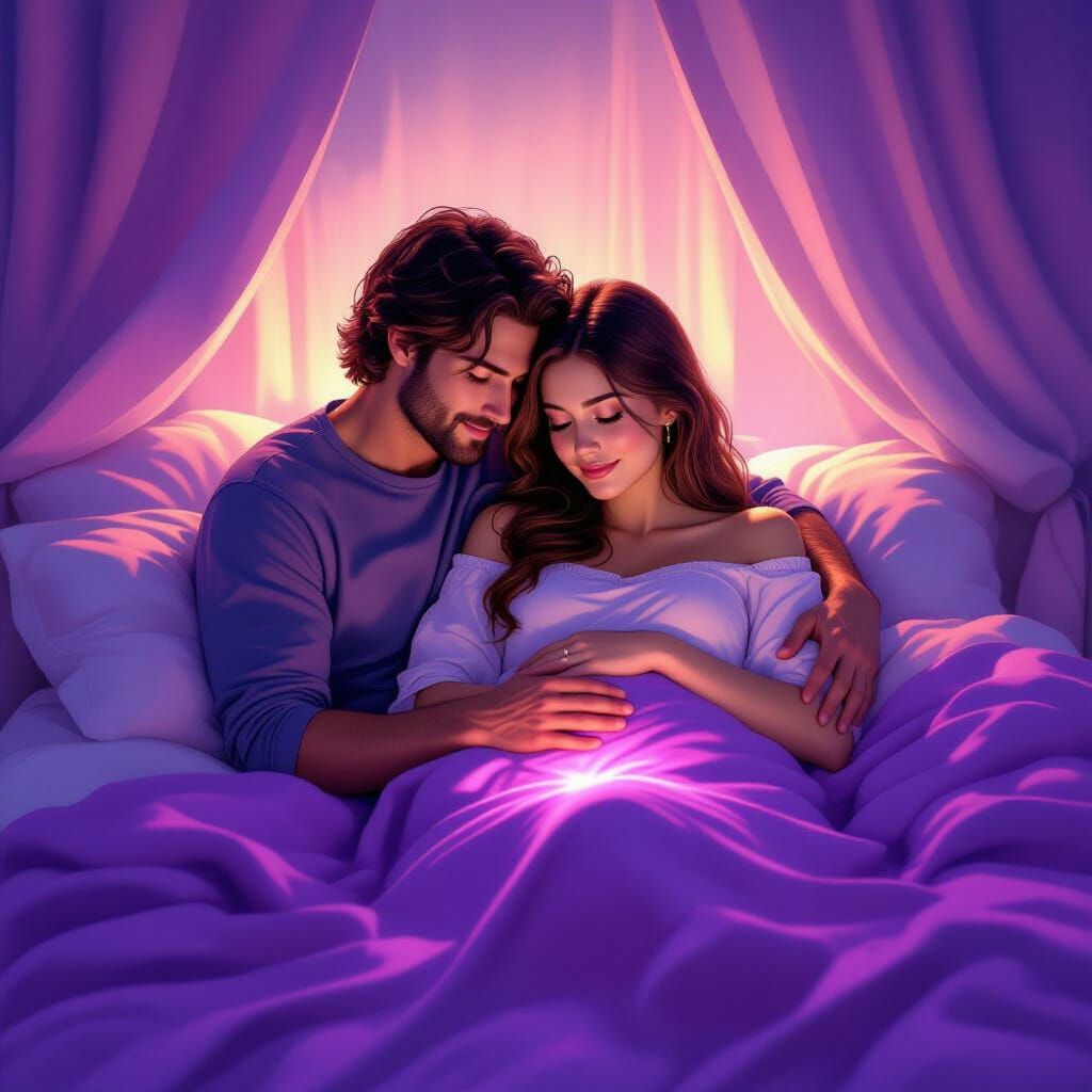 Couple Embracing on Glowing Purple Blanket as Romantic Paint...