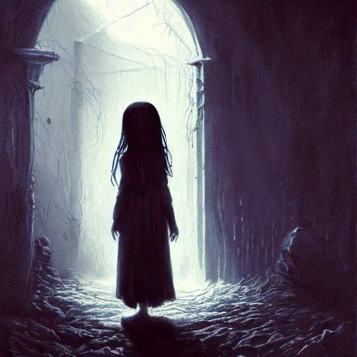 Unsettling Horror: Girl at Water Well in Doré Style