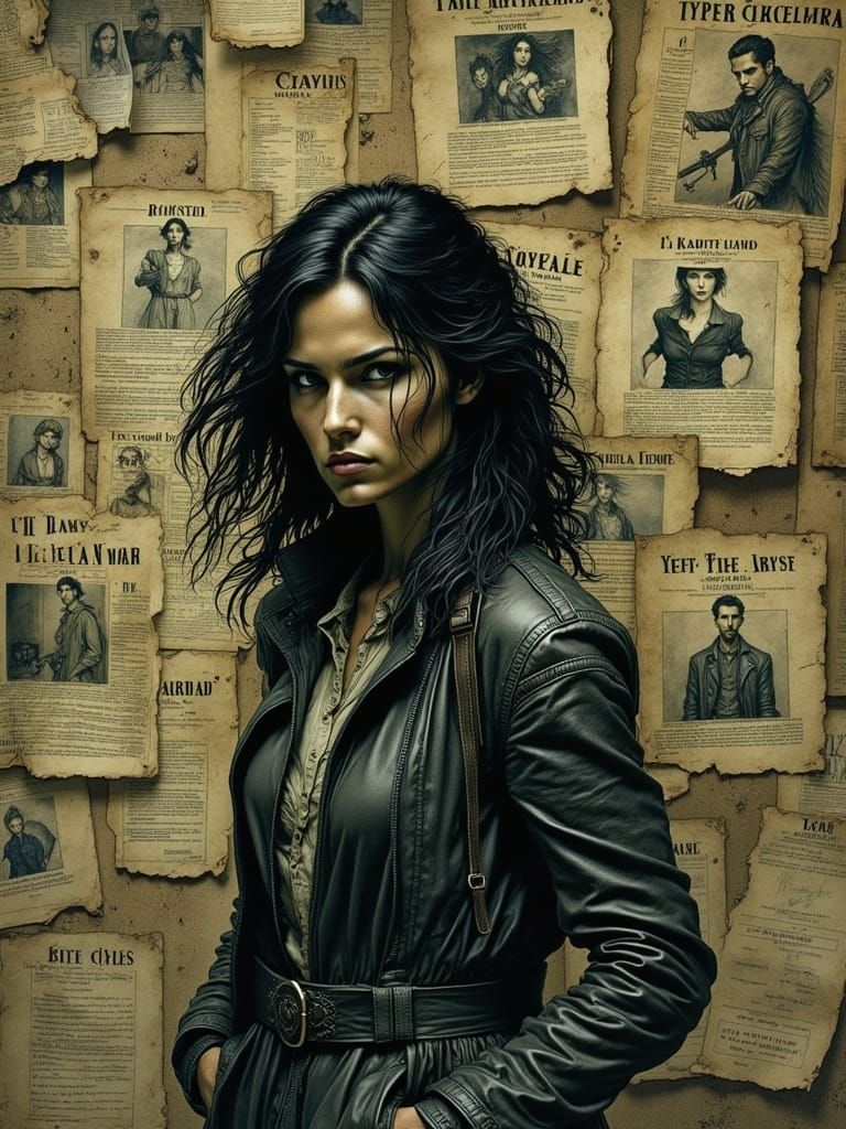 Wanted Posters on Bulletin Board in Gritty Illustration Styl...