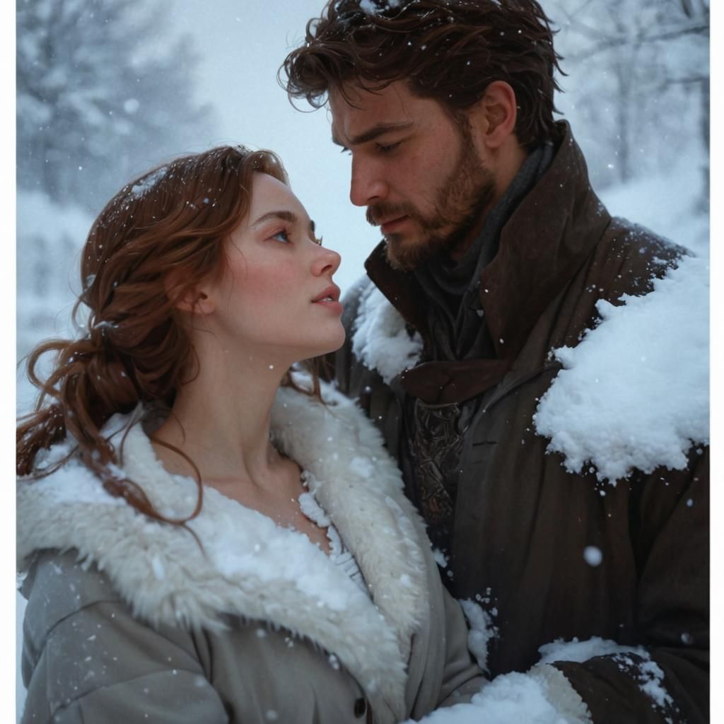Loving Couple Portrait in Snow, Detailed Art
