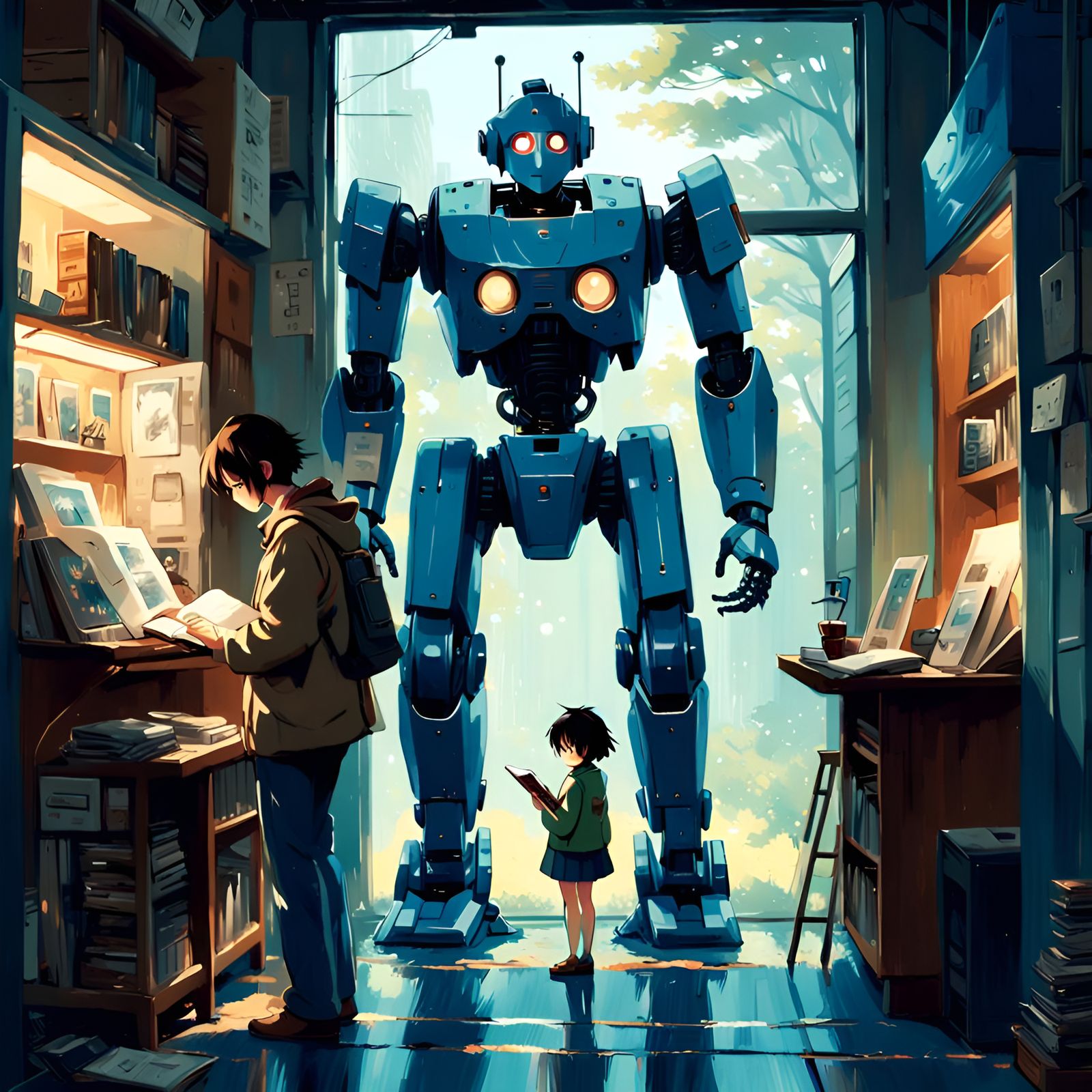 Girl Reads with Robots: Digital Acrylic Art