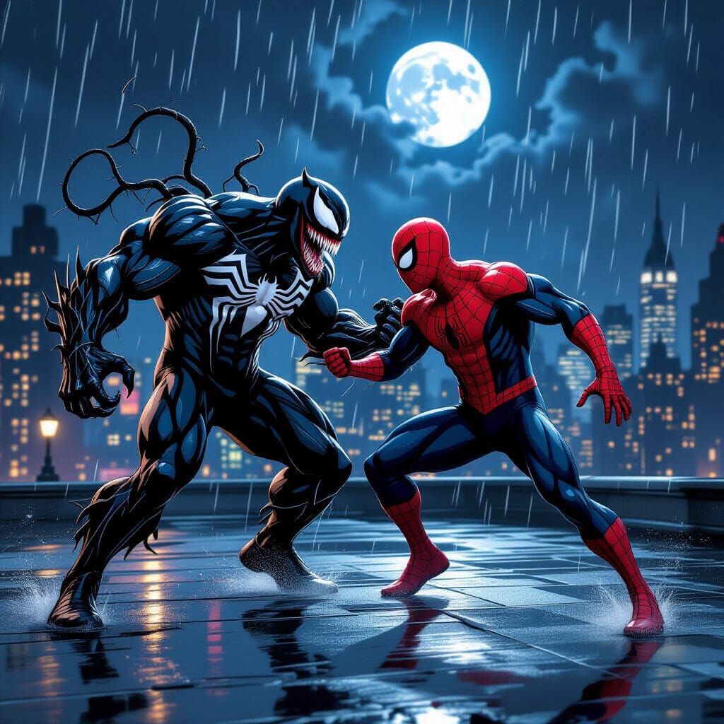 Venom and Spider-Man Combat on Rooftop