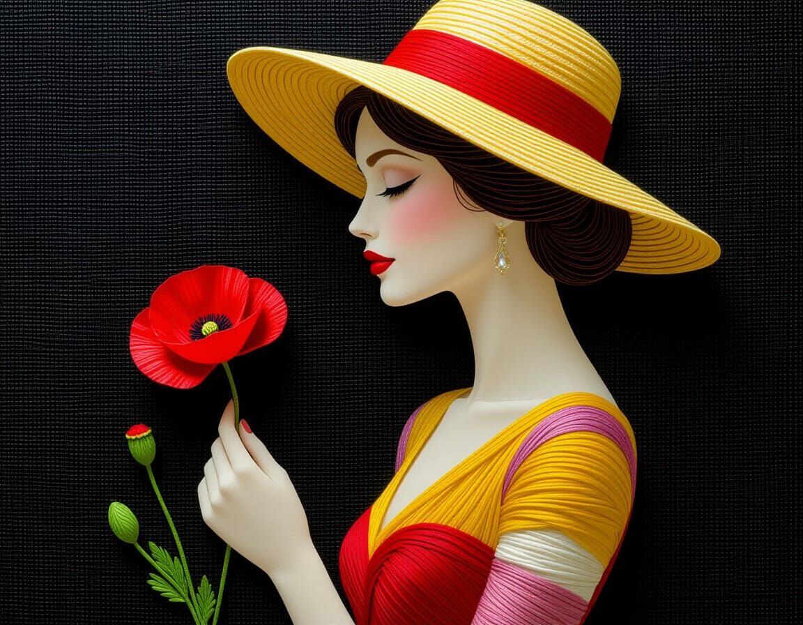 Elegant Woman Made of Thread with Vibrant Gradient Dress