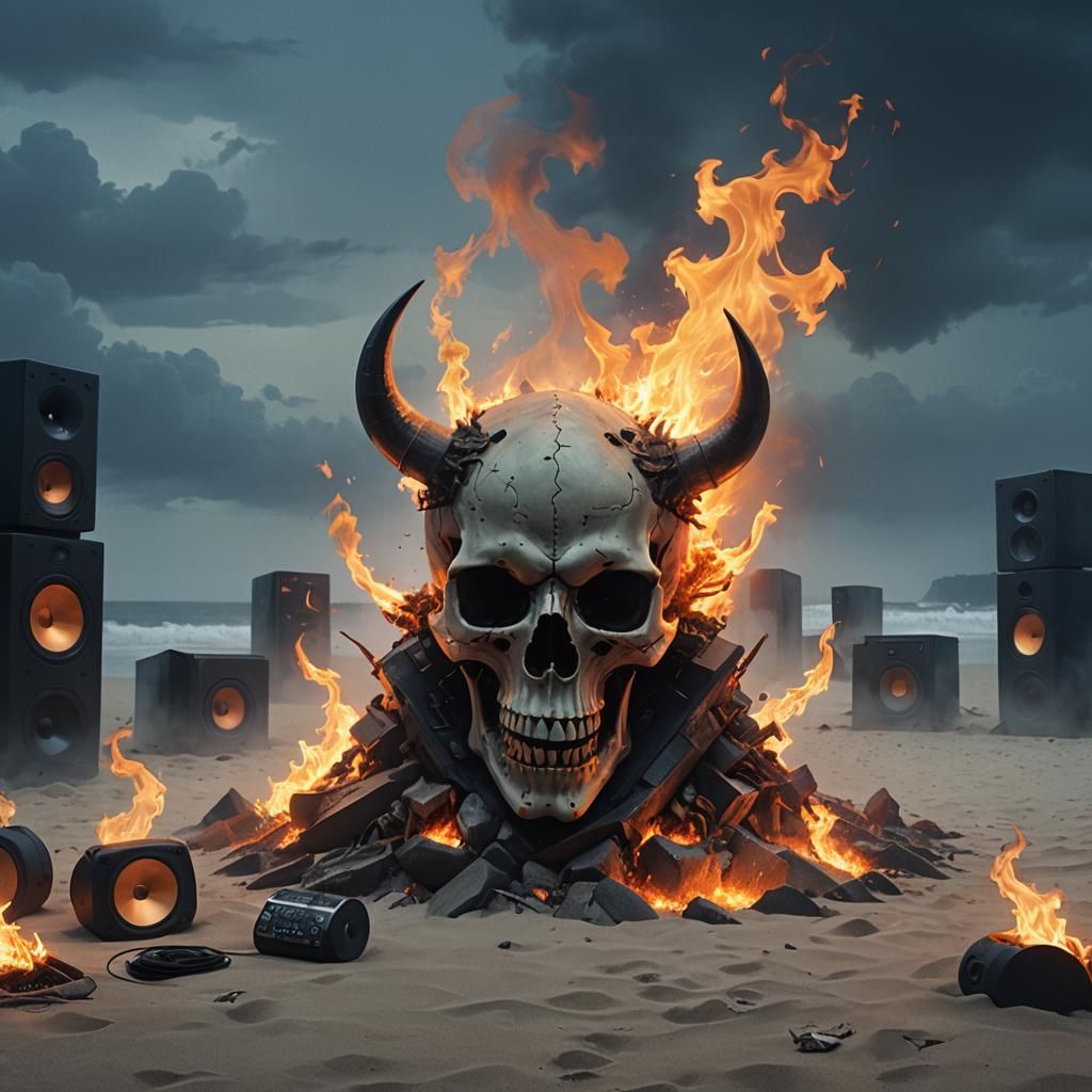 Flaming Skull on Misty Beach: Ghibli-Inspired Art